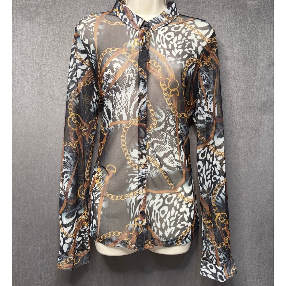 Love University Mesh Button Down Shirt Women 1XL Black Gold Chain Animal Print